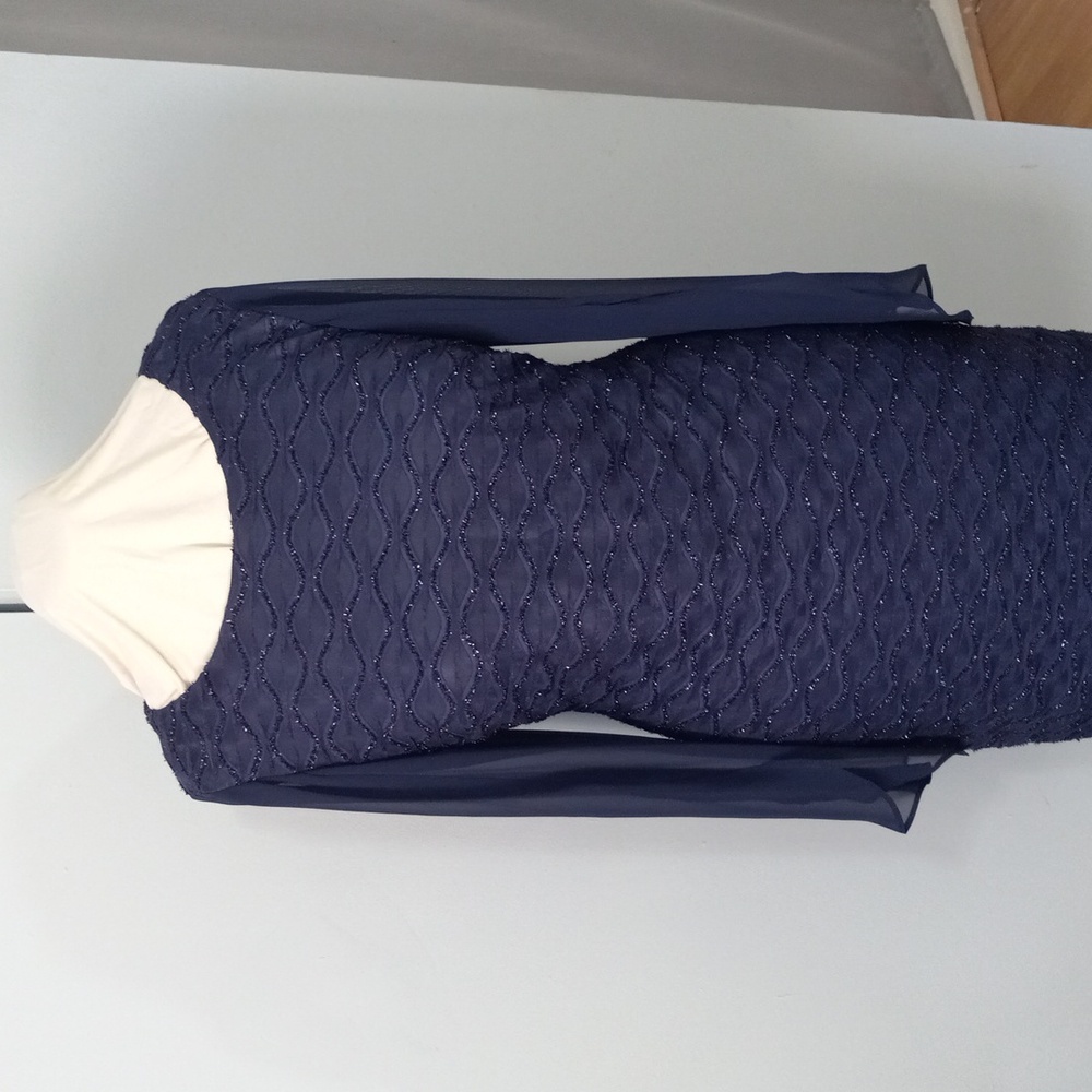 Connected Apparel Elegant Navy Blue Dress with Sheer Sleeves Size 14 - Picture 2 of 11